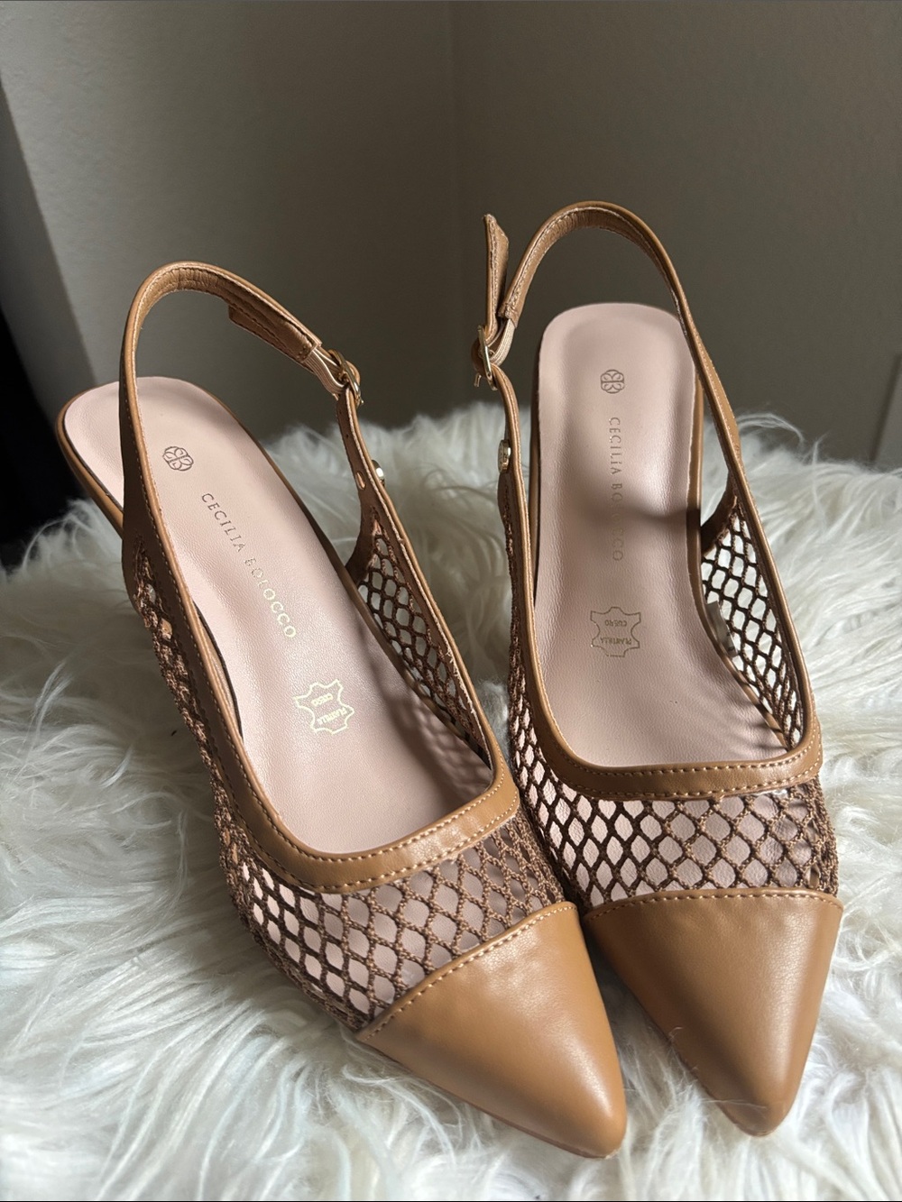 Tan Mesh Slingback Pumps